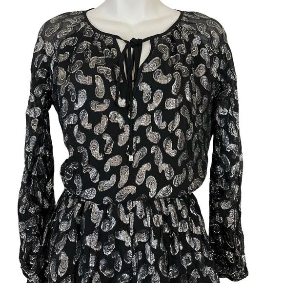 MICHAEL KORS Black Silver Paisley Long Sleeve Metallic Mini Whimsigoth Dress S - Picture 2 of 16